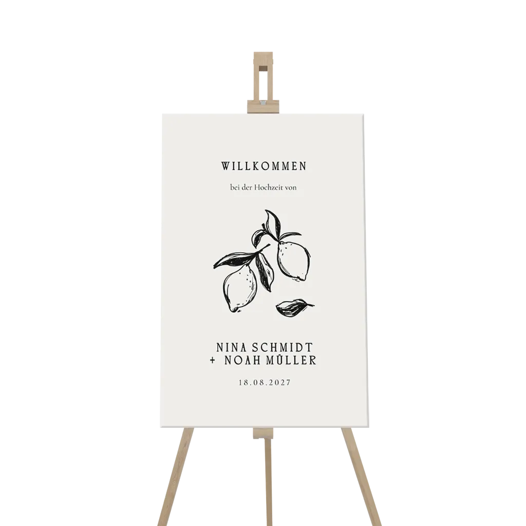 Willkommensschild mit handgemalten Zitronen in Schwarz und Weiß