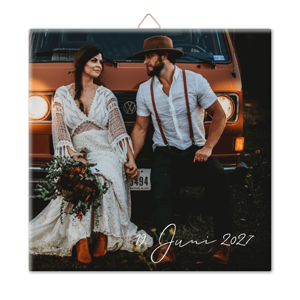 Personalisierbare Fotofliese mit Hochzeitsfoto und Datum