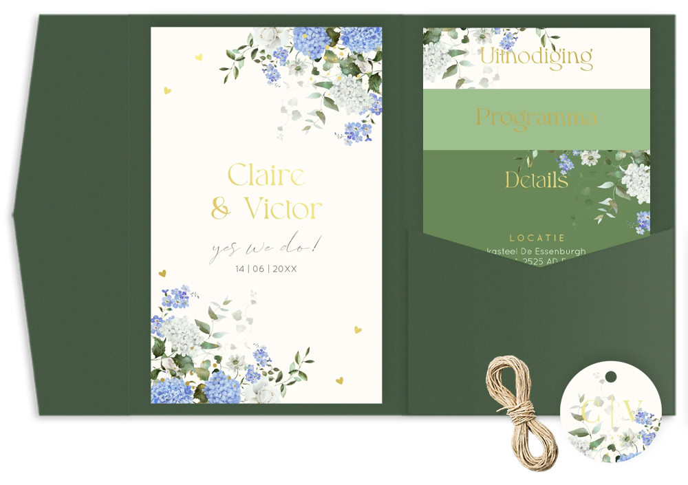 Pocketfold trouwkaart bloemen blauw landelijk hortensia goudfolie