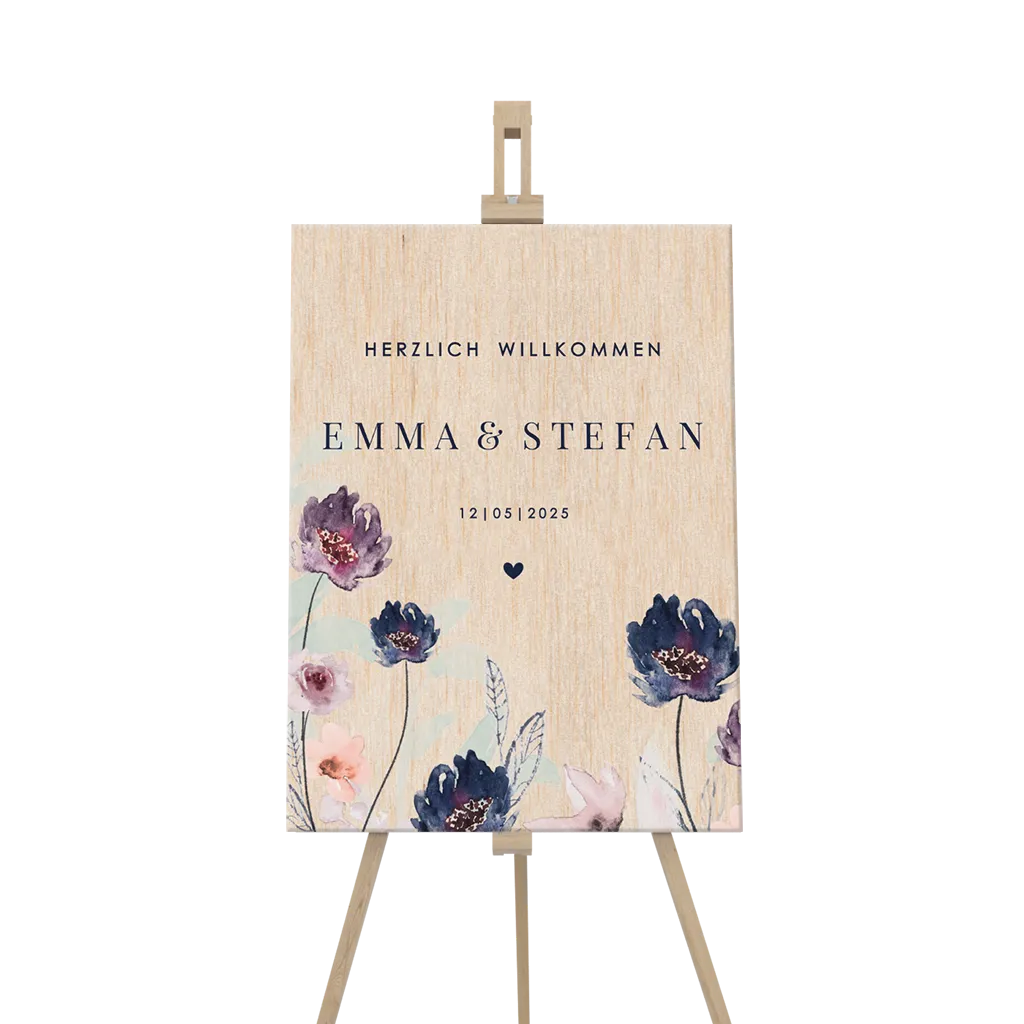 Willkommensschild Reboard-Karton Holz-Look Aquarell Blumen