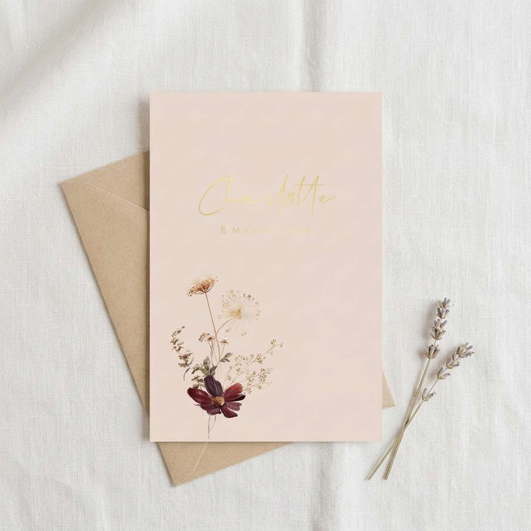 Geboortekaartje boeket bloemen aardetinten