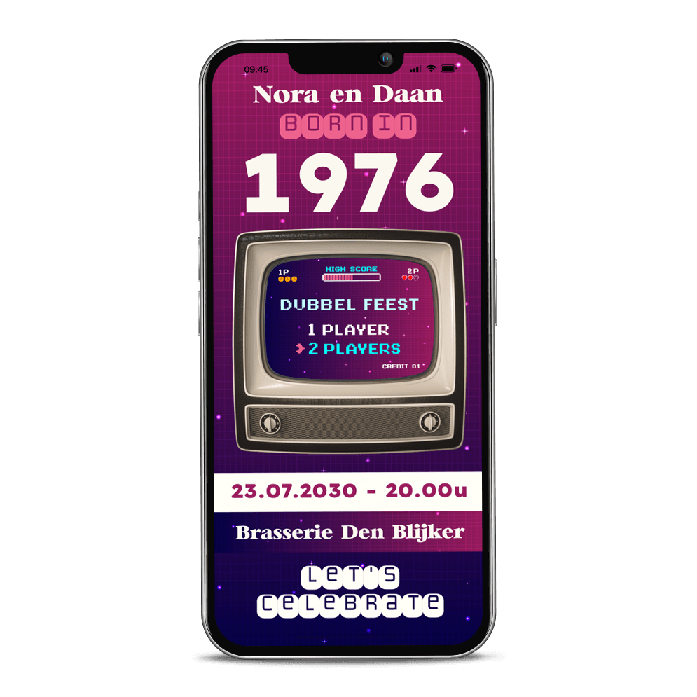 Digitale dubbel feest uitnodiging 50 jaar met old school game