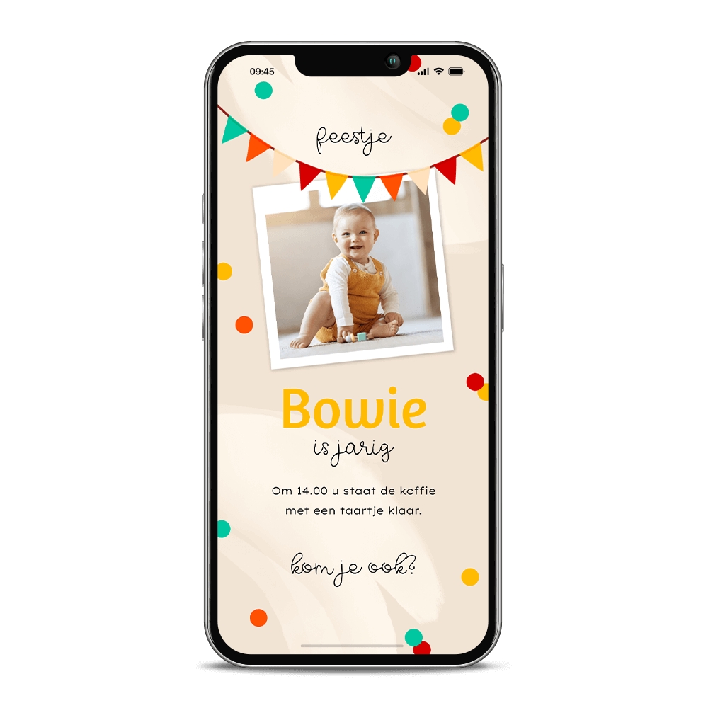 Digitale uitnodiging eerste verjaardag met foto, confetti en vlaggen