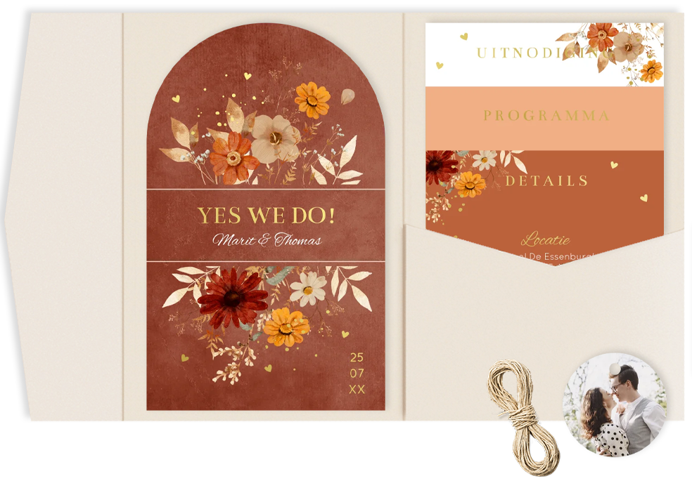 Pocketfold trouwkaart roestbruin herfst bloemen goudfolie