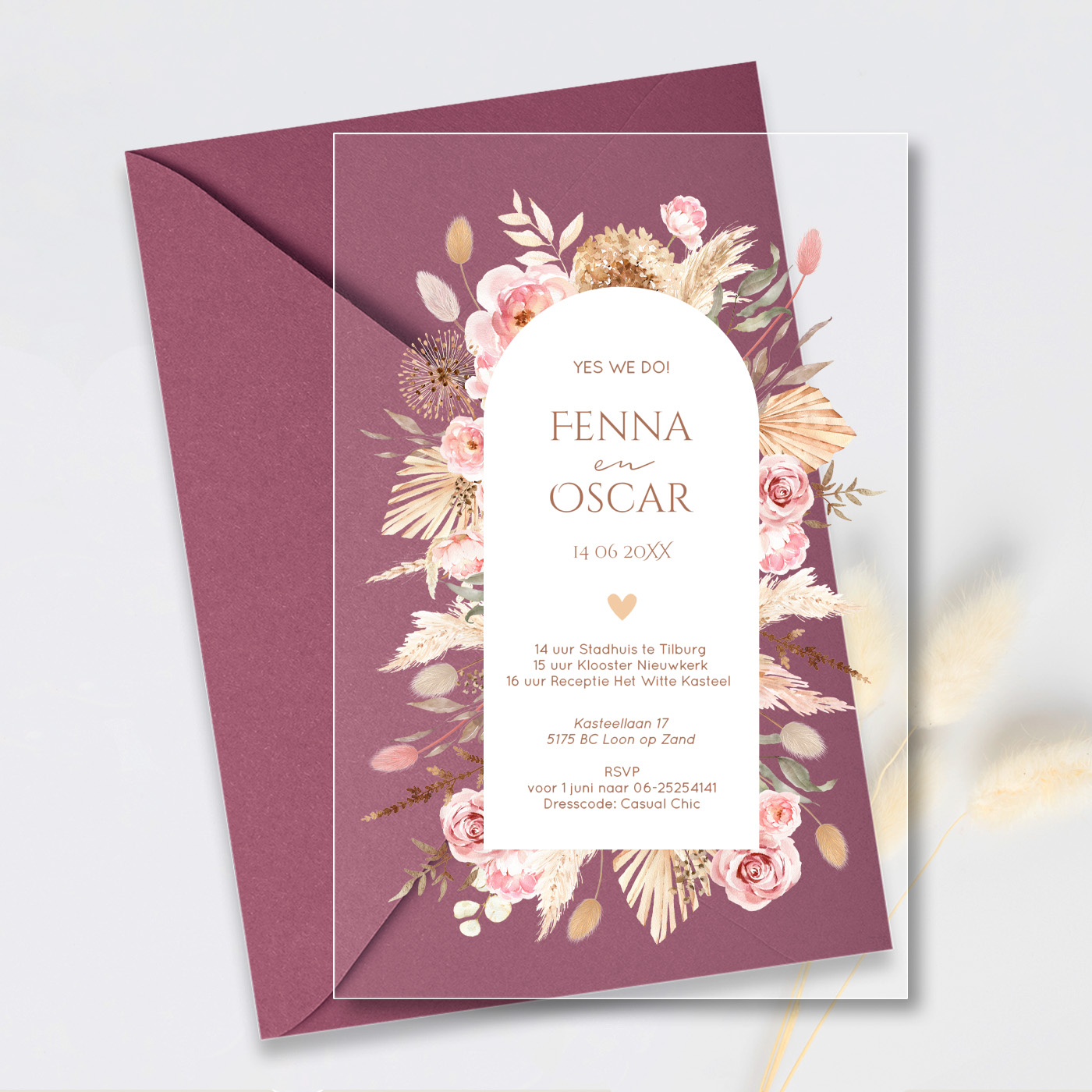 Acryl trouwkaart transparant bohemian bloemen roze