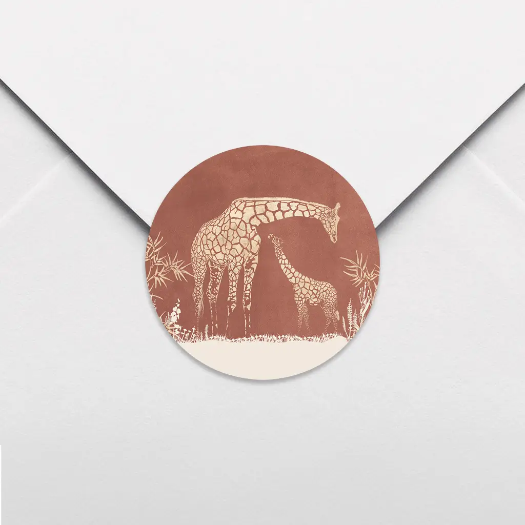 Sluitsticker roestkleur velvet-look met giraffen - per 25 stuks