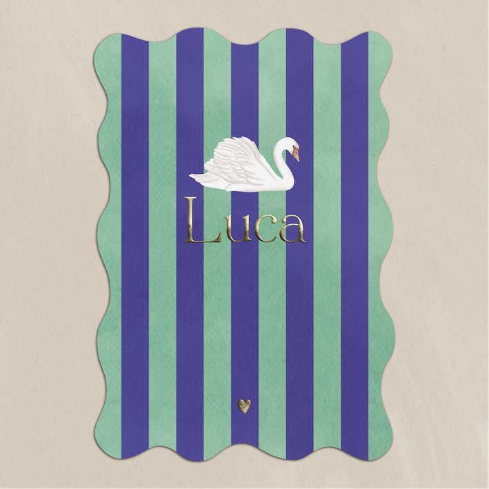 Geboortekaartje Golfvorm Zwaan Blauw Groene Strepen Goudfolie