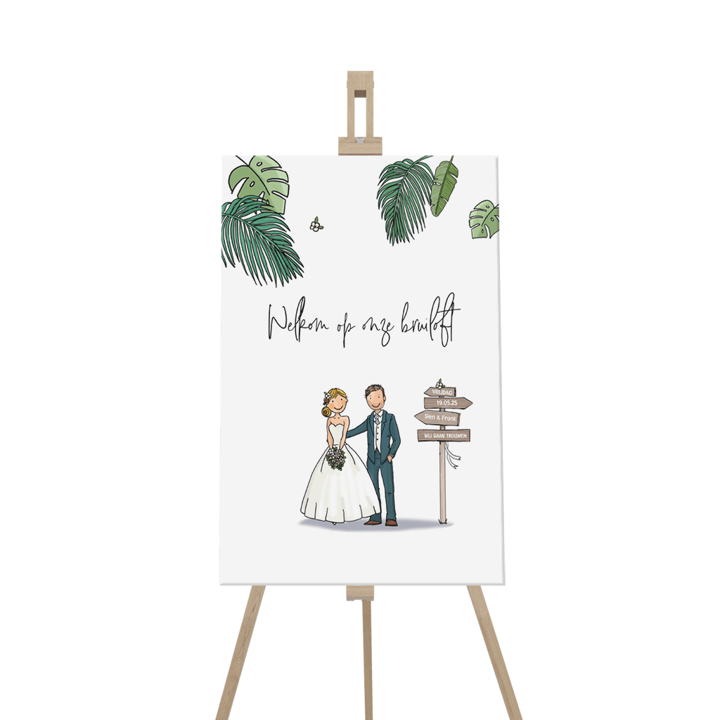 Welkomstbord bruidspaar en botanische bladeren