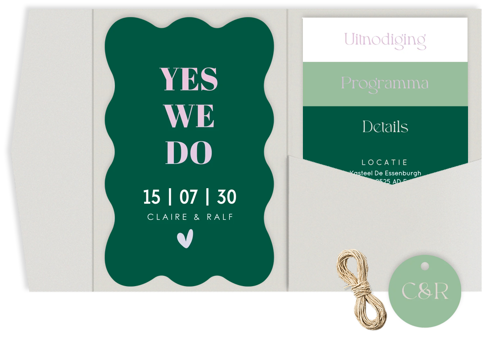 Pocketfold trouwkaart modern groen golvend holografische folie