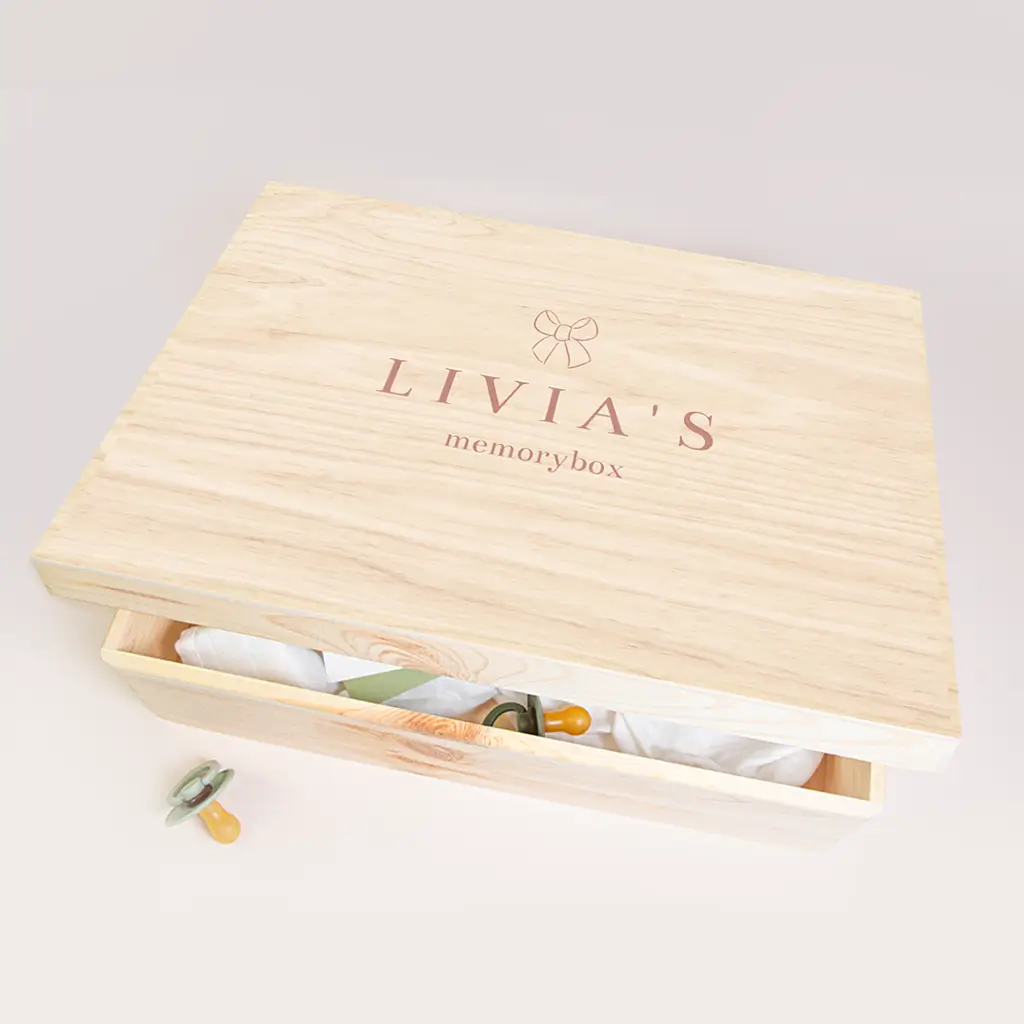 Memorybox met strikje en tekst in roze