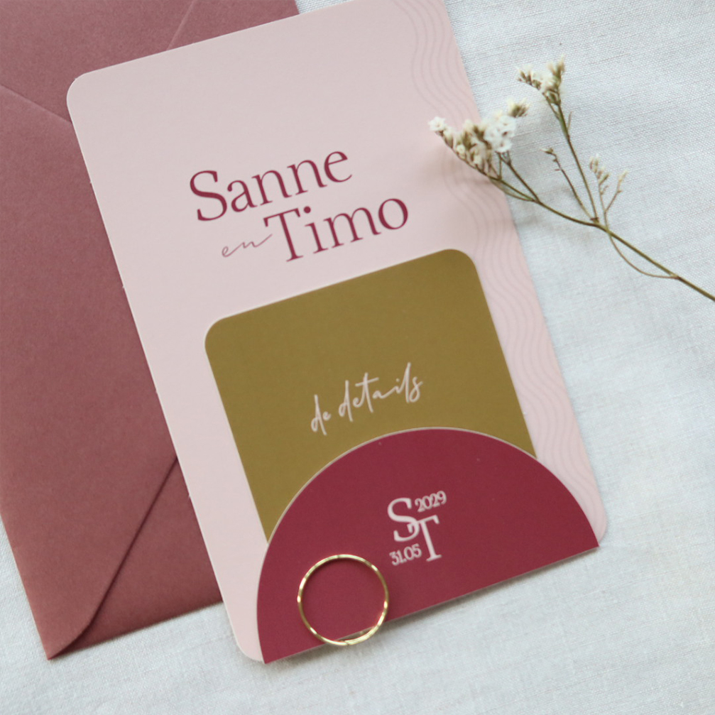 trouwkaart set met labels in roze en groen