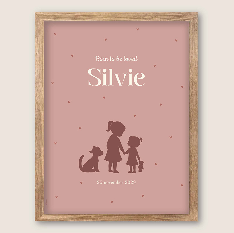 Kinderkamerposter met naam, silhouet kindjes en hartjes – warm roze - Silvie