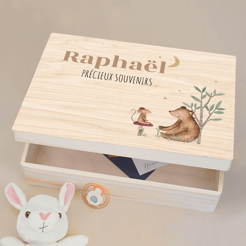 Boîte à souvenirs avec un ours et une souris sous un ciel étoilé