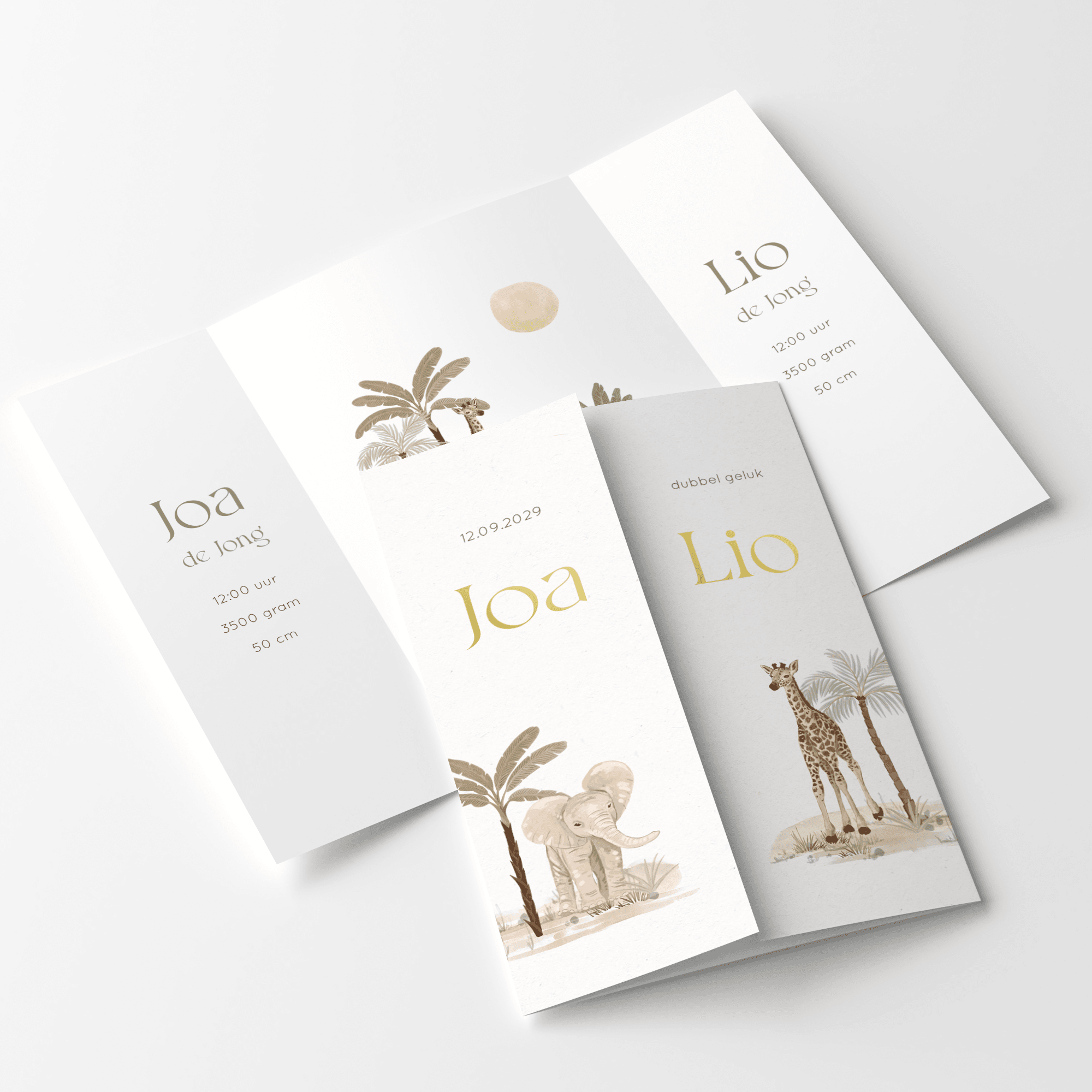 Geboortekaartje tweeling met theatervouw, dieren in jungle en goudfolie