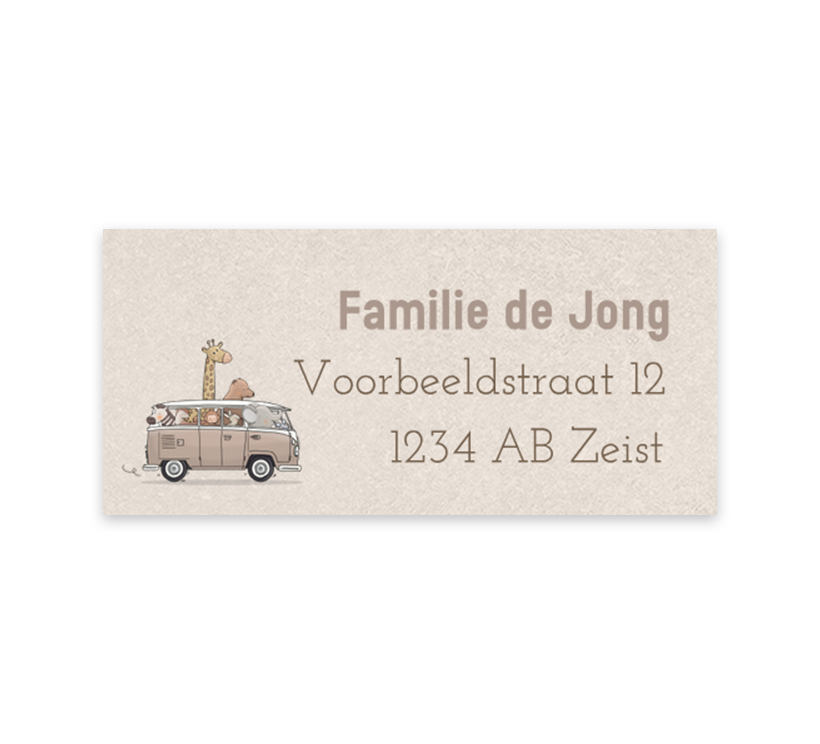 Beige adressticker met busje en jungledieren