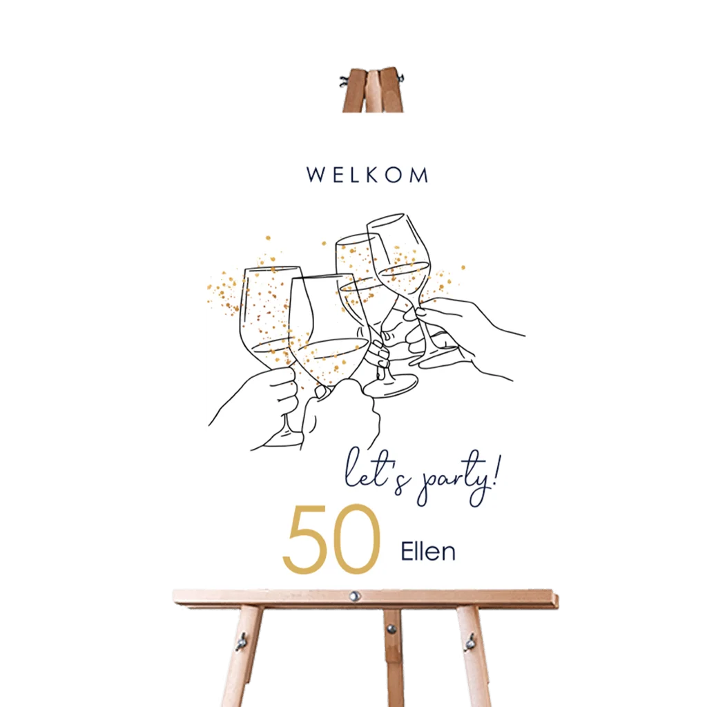 Feestelijk welkomstbord met proostende wijnglazen