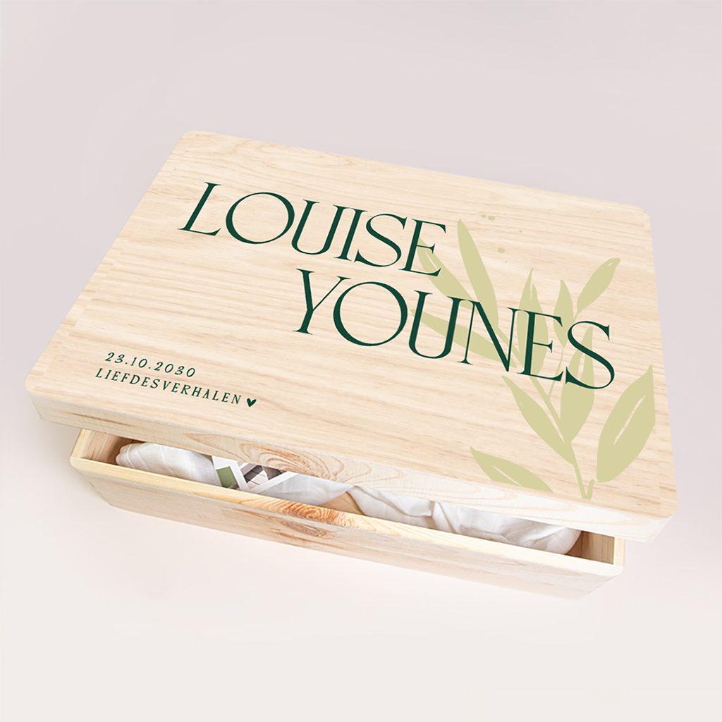 Bruiloft memorybox typografisch in groen met olijftakje