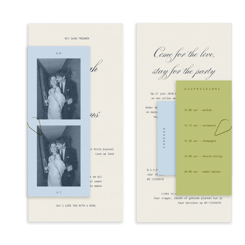Stapelkaart bruiloft in zachte kleuren met elegante typografie
