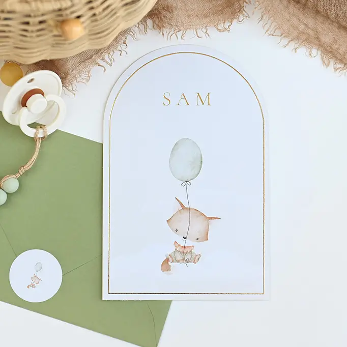 Origineel geboortekaartje met vosje en ballon
