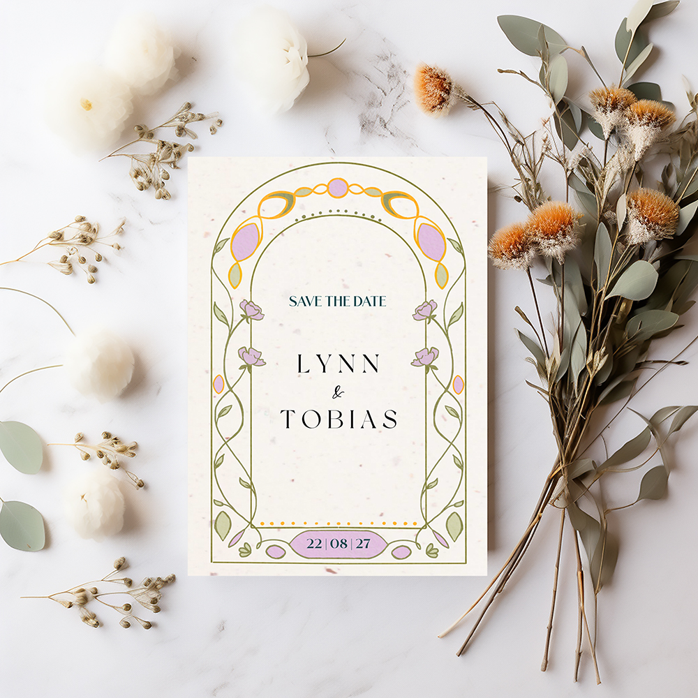 Art deco trouwkaart in groen en roze kleuren.