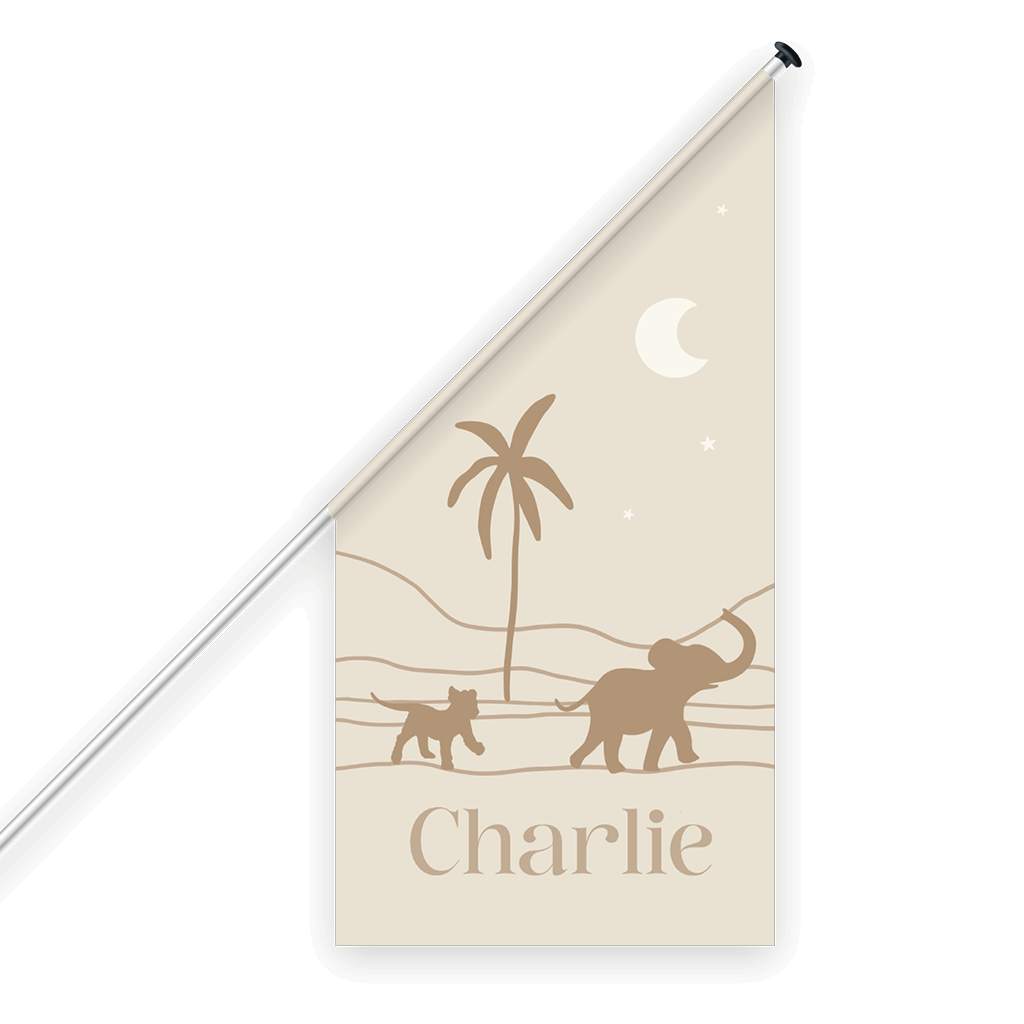 Geburtsfahne mit Tiger, Elefant und Palme