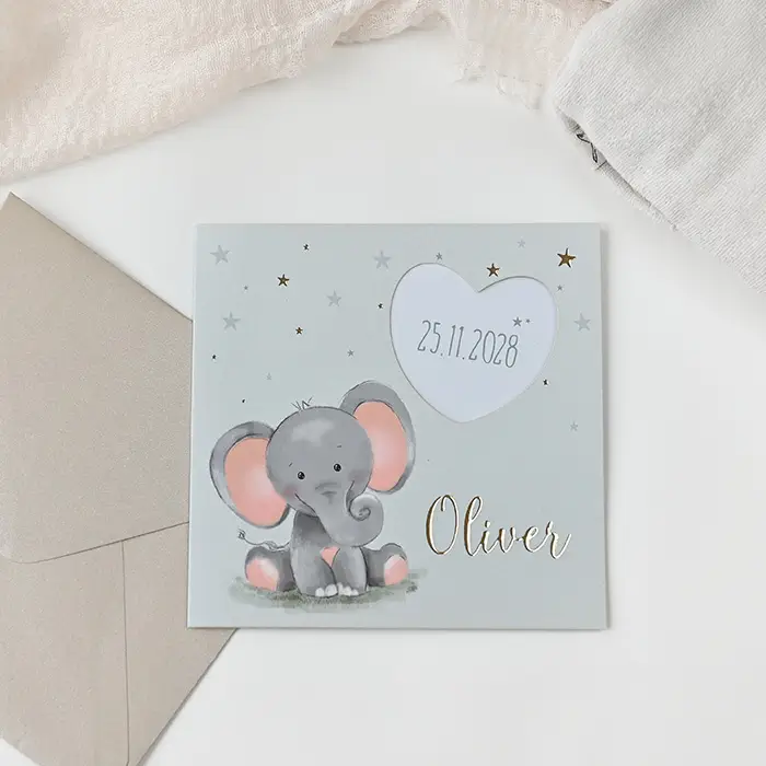 Geboortekaartje jongen hartjes doorkijkje en olifantje