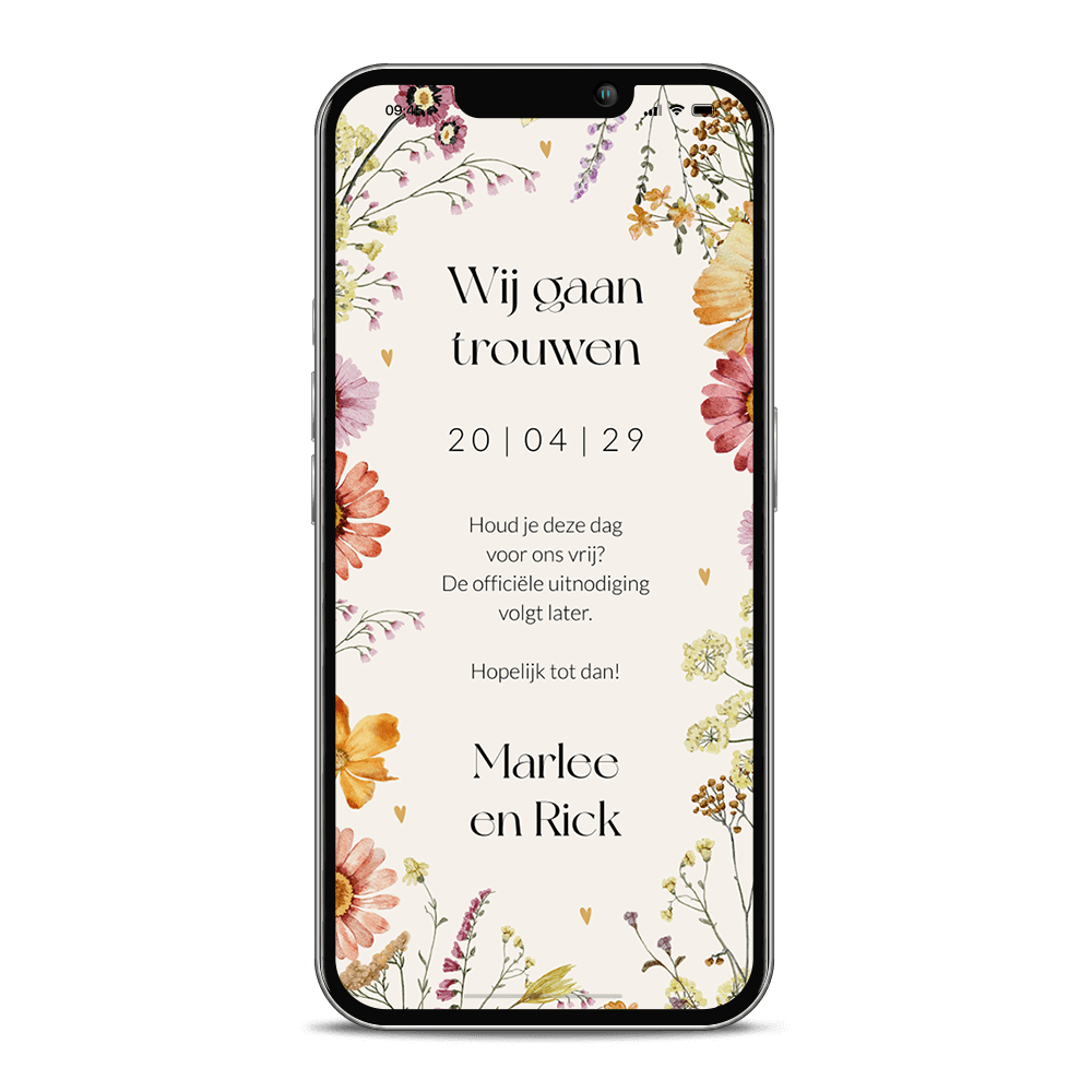 Kleurrijke digitale Save the Date kaart met bloemen en hartjes