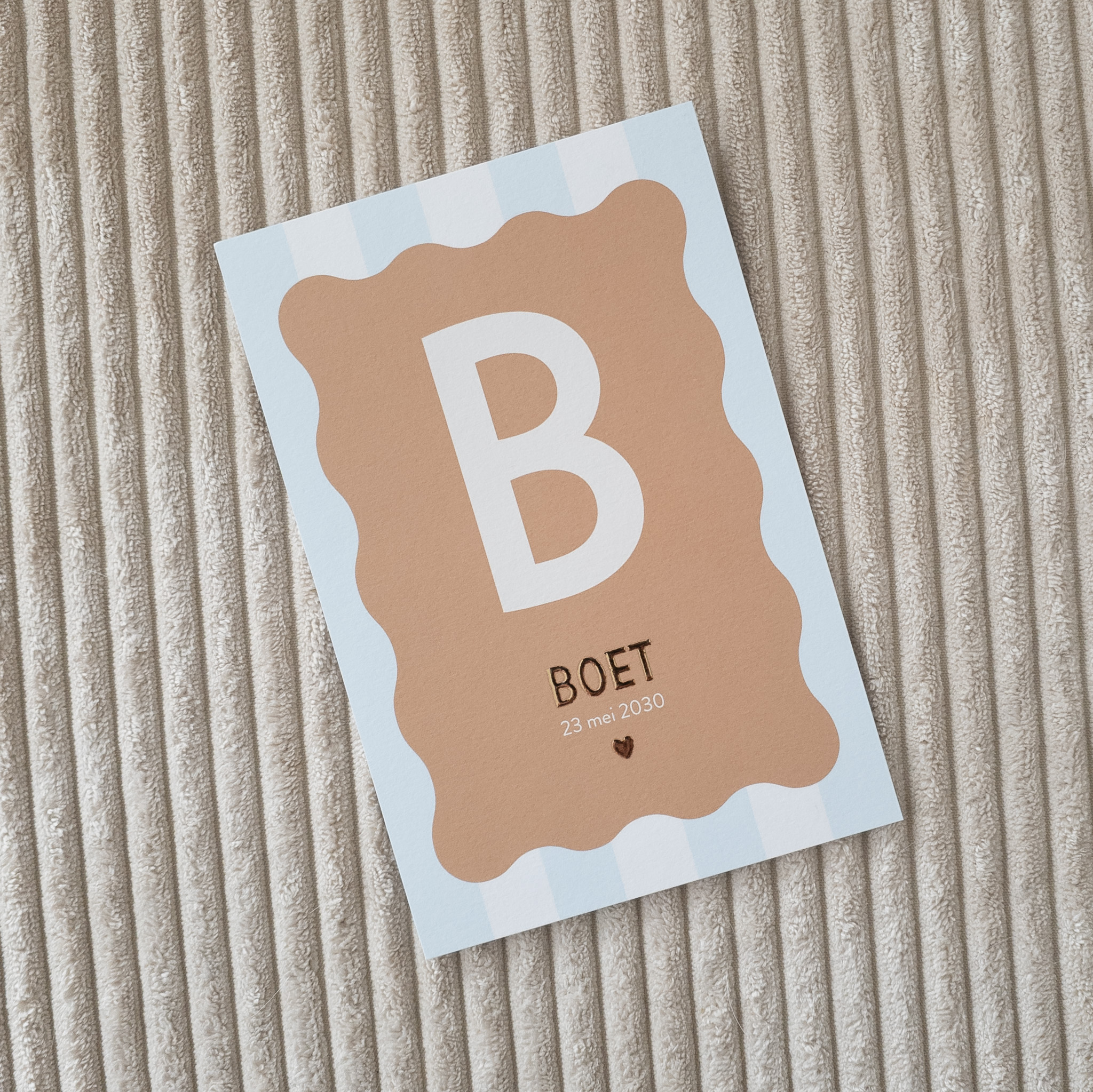 Geboortekaartje jongen blauw wit bruin goudfolie