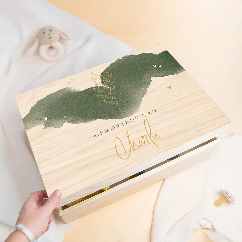 Houten bewaarkist groene watercolour en takje