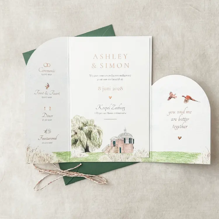 Trouwkaart insteekhoesje landschap bomen fazant