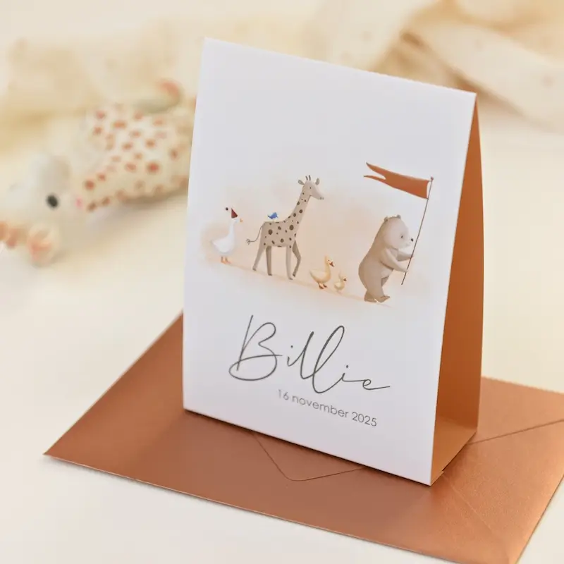 Lief geboortekaartje met dierenparade in tentvorm