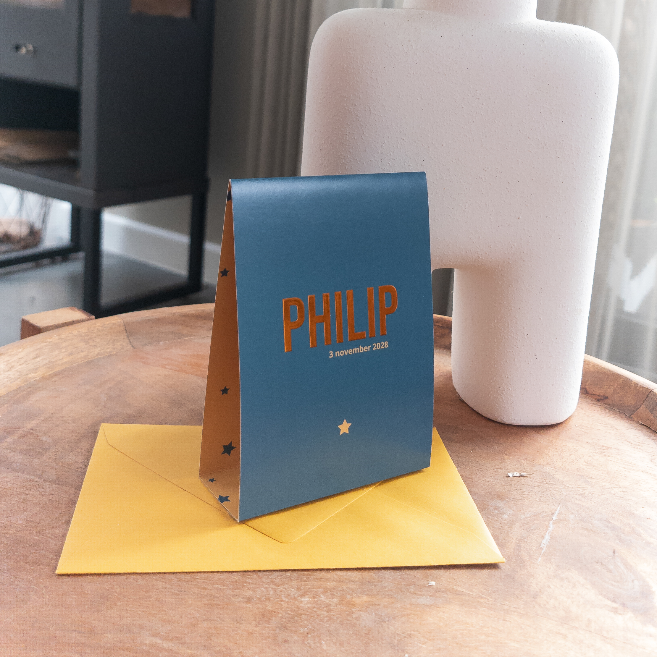 Tent geboortekaartje in petrol kleur met roséfolie