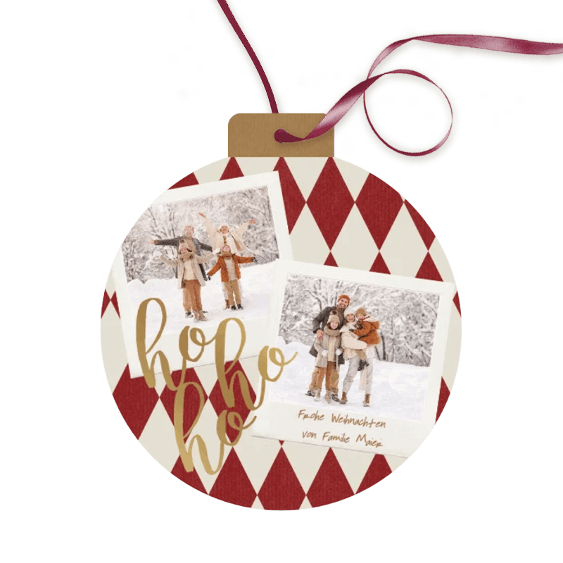 Weihnachtskarte in Christbaumkugelform mit Polaroidfotos und Mattgoldfolie