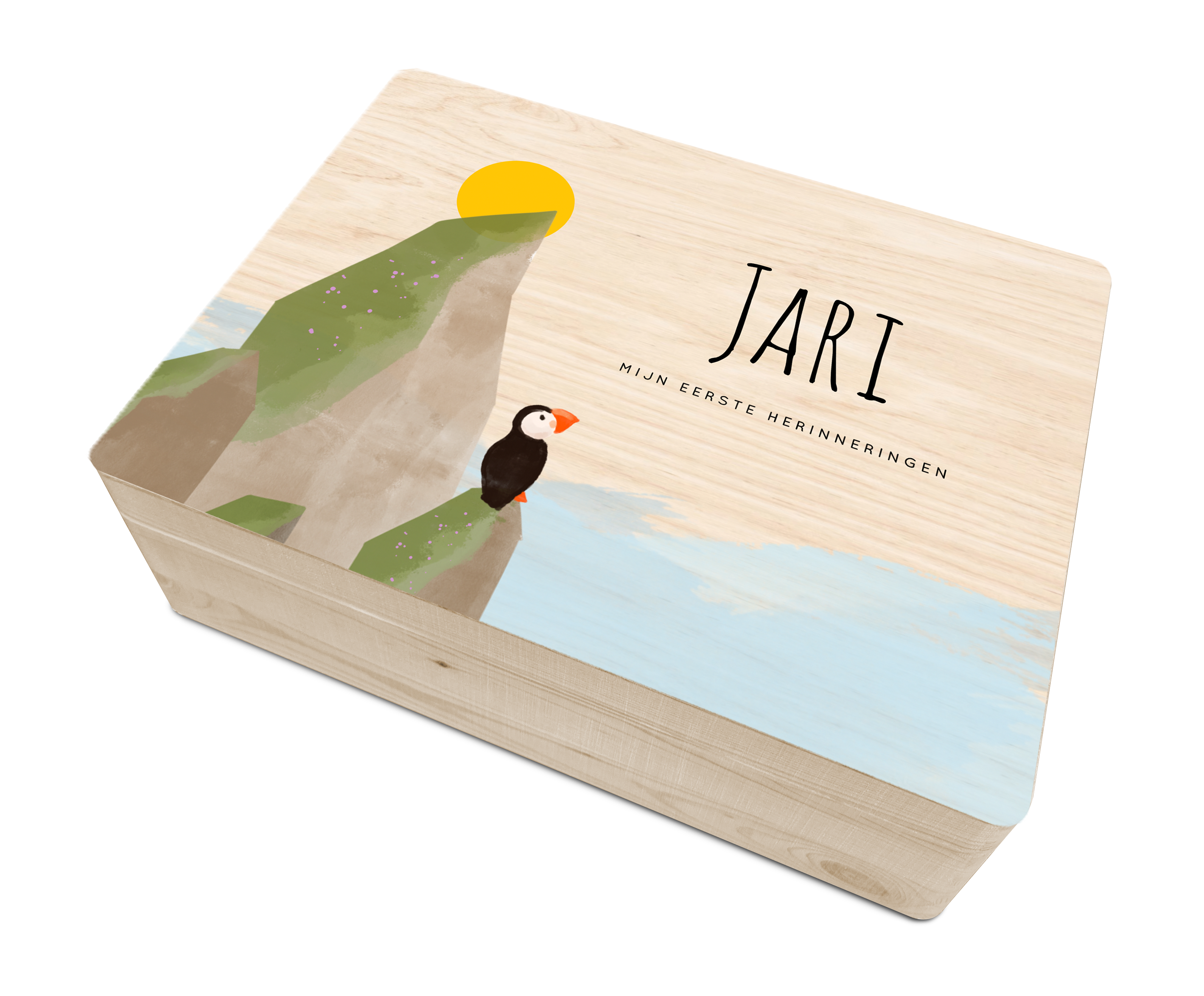 Geboorte memory box met papegaaiduiker op klif met zon