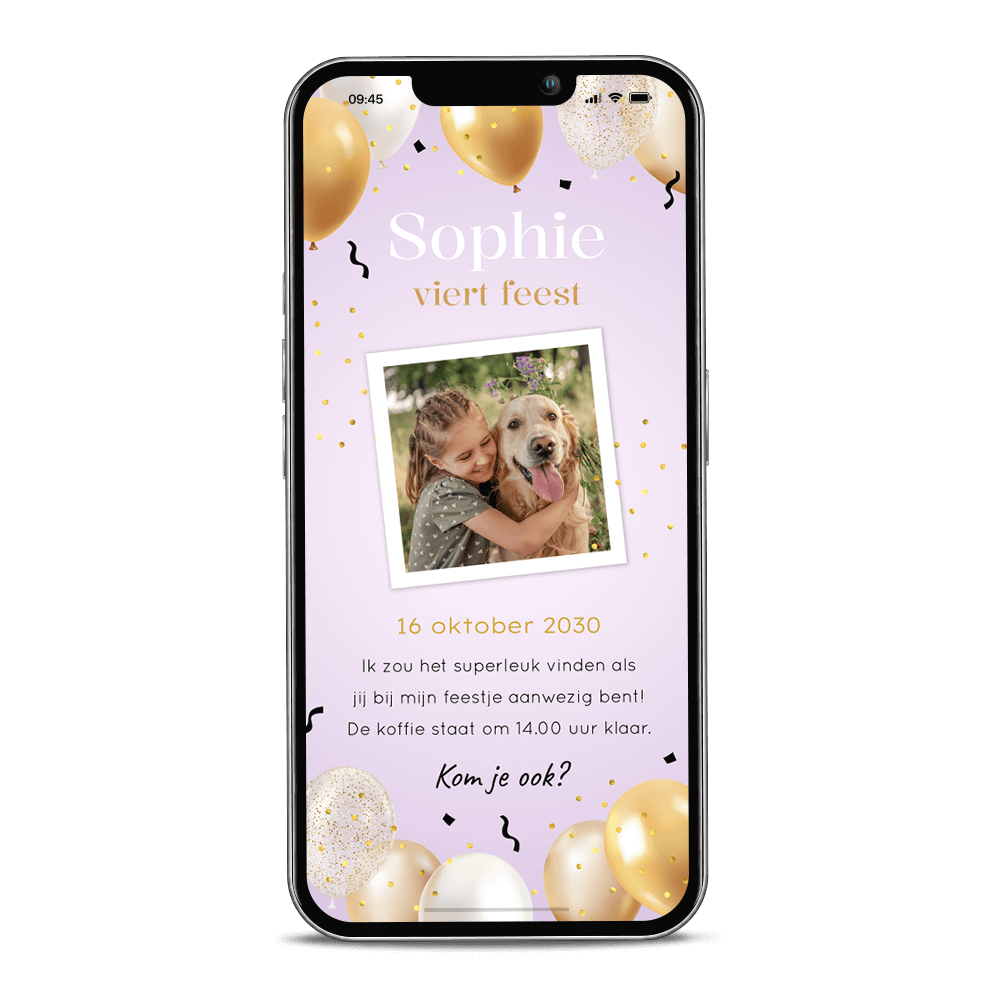 Feestje digitale uitnodiging met ballonnen, confetti en foto