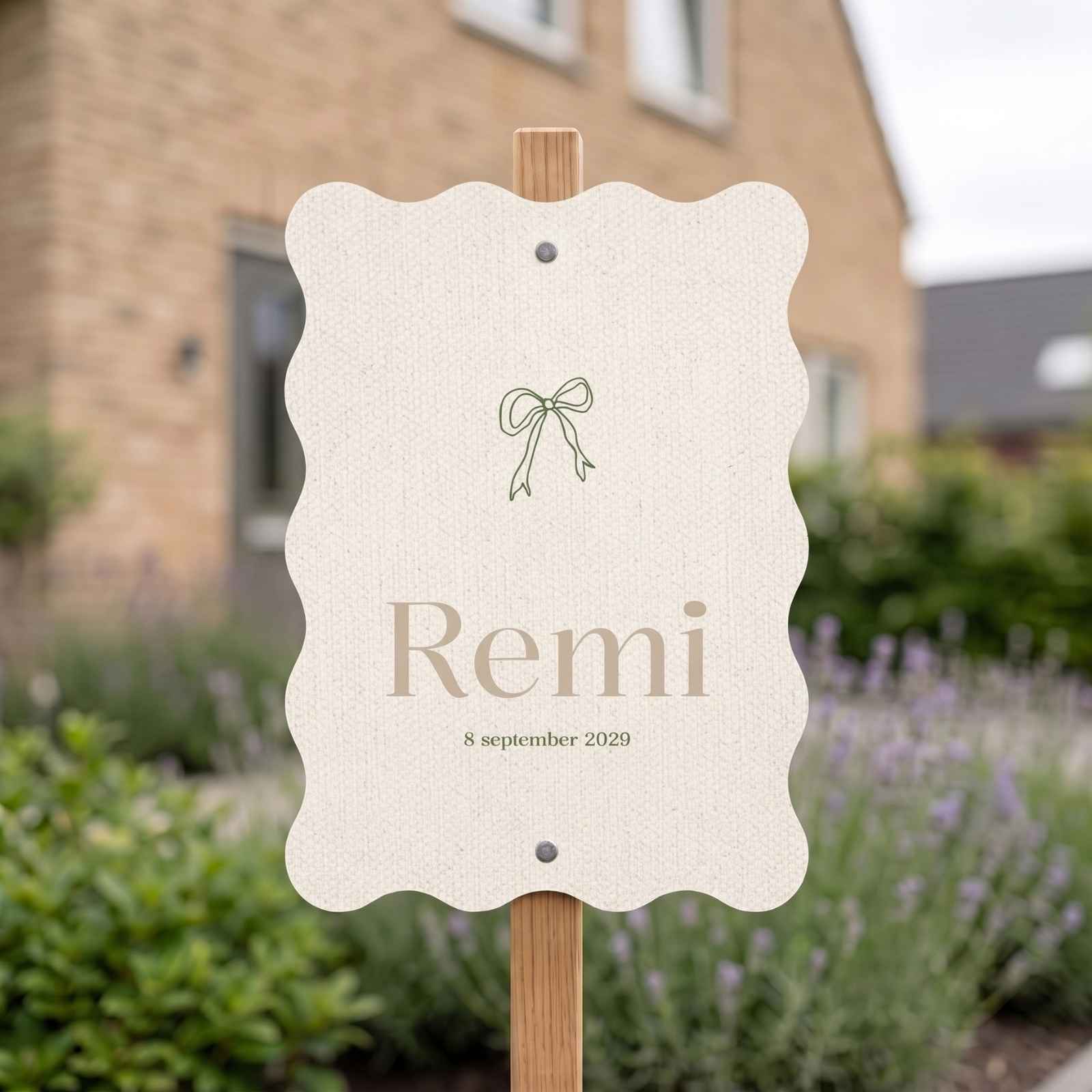 Tuinbord geboorte jongen golvende rand linnen look