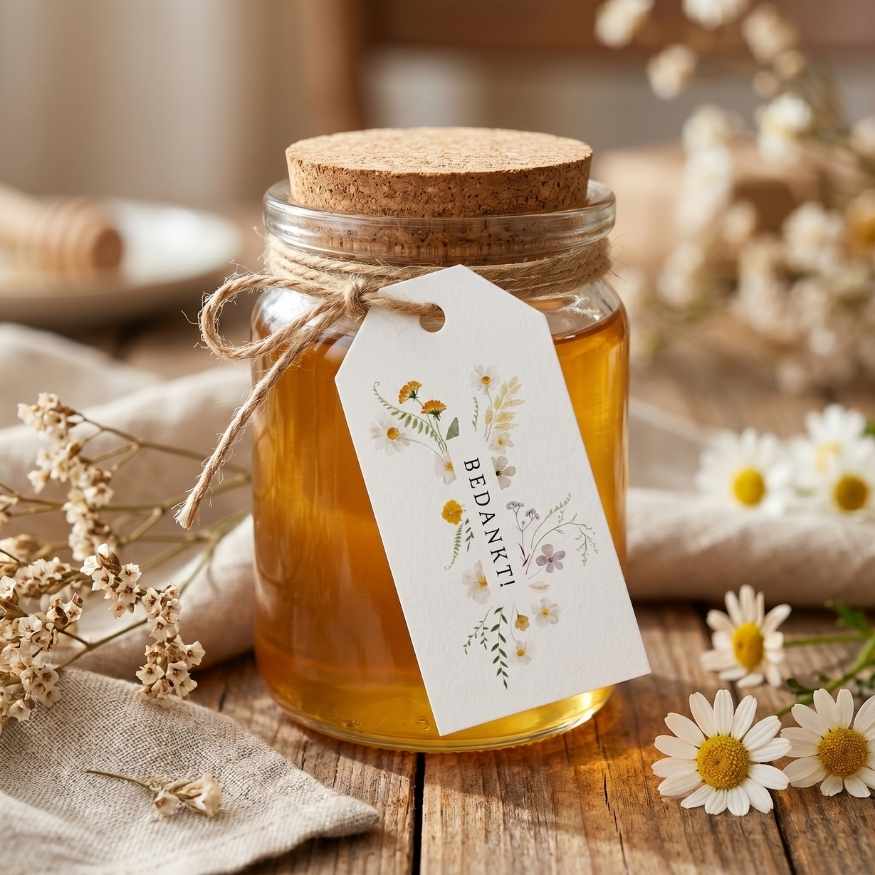 Bedankt label bruiloft met bloemen