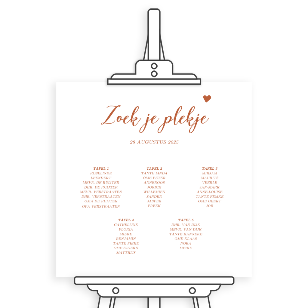 Bord met tafelschikking in roest tint met hartje