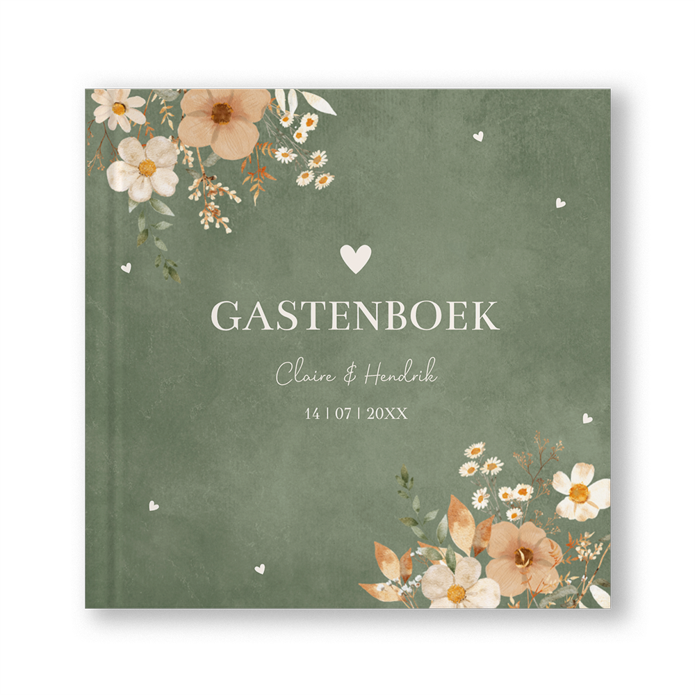 Gastenboek bruiloft groen bloemen beige