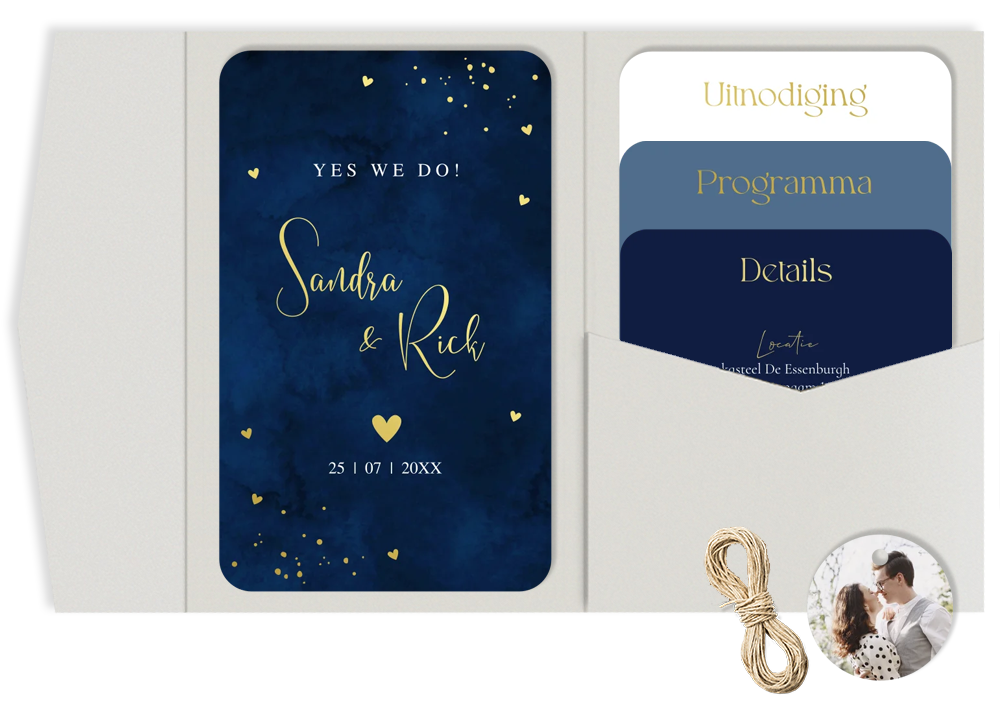Pocketfold trouwkaart blauw meerdere kaartjes goudfolie