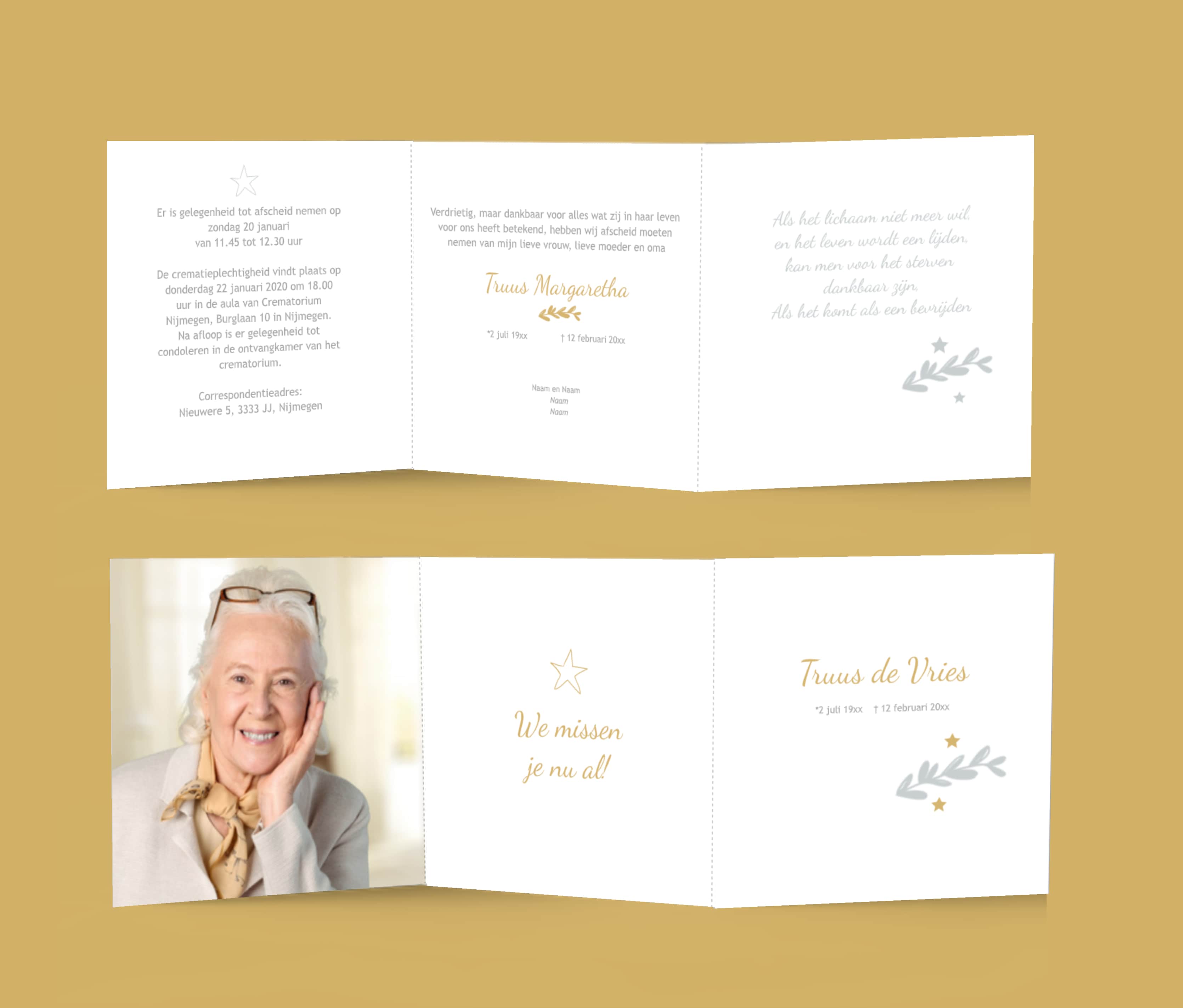 Moderne drieluik rouwkaart voor een vrouw met takje