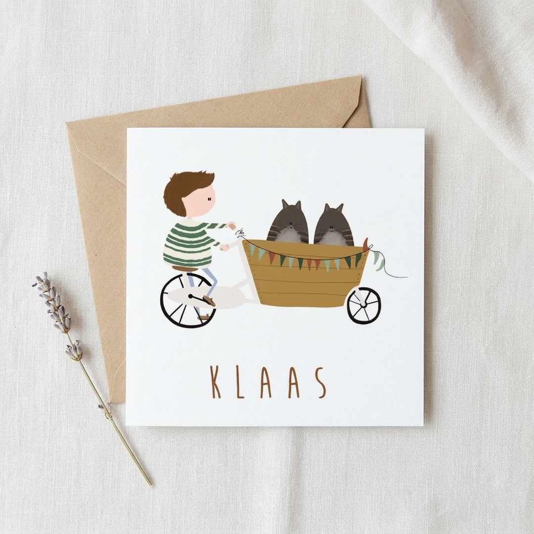 Geboortekaartje jongen bakfiets poezen