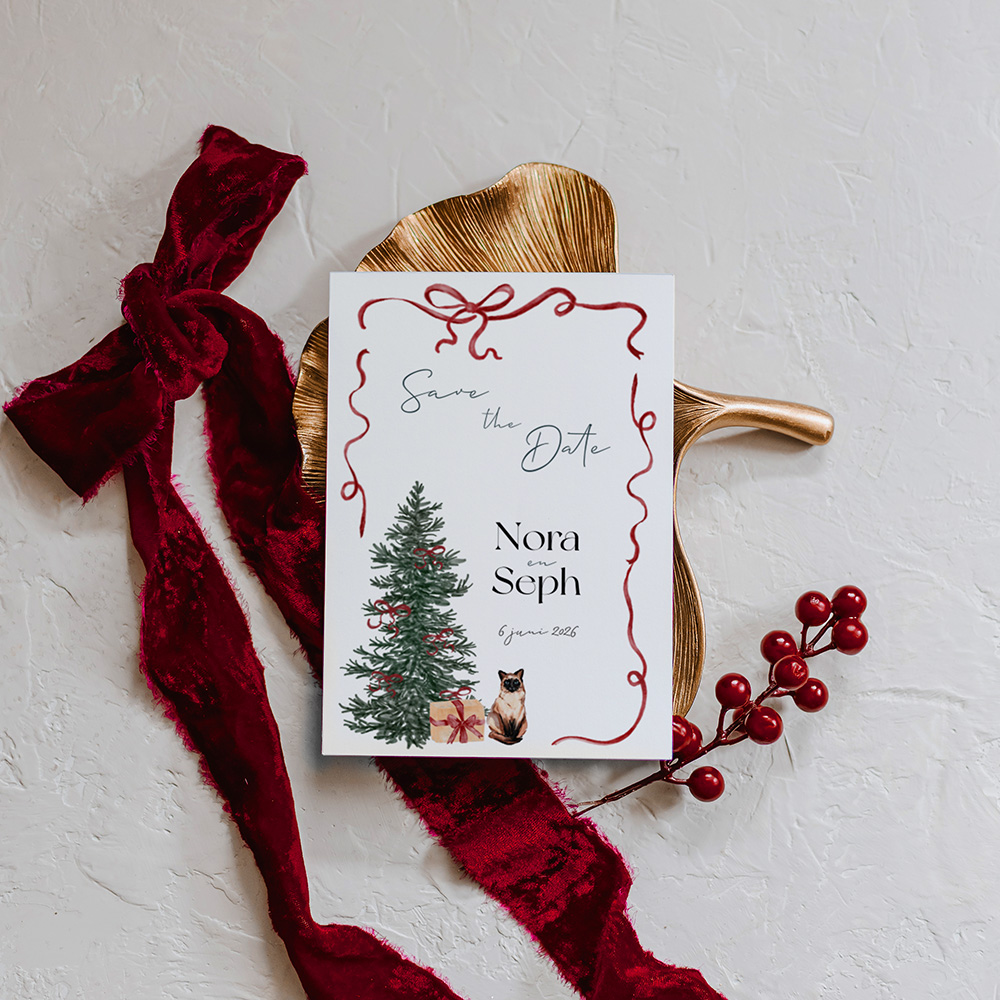 Save the date in kerstthema met huisdier