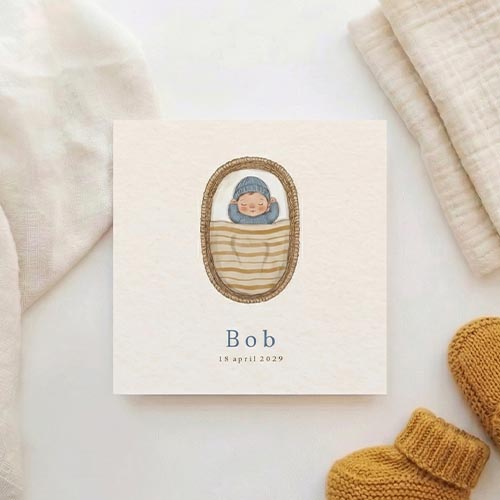 Geboortekaartje jongen baby mozesmandje