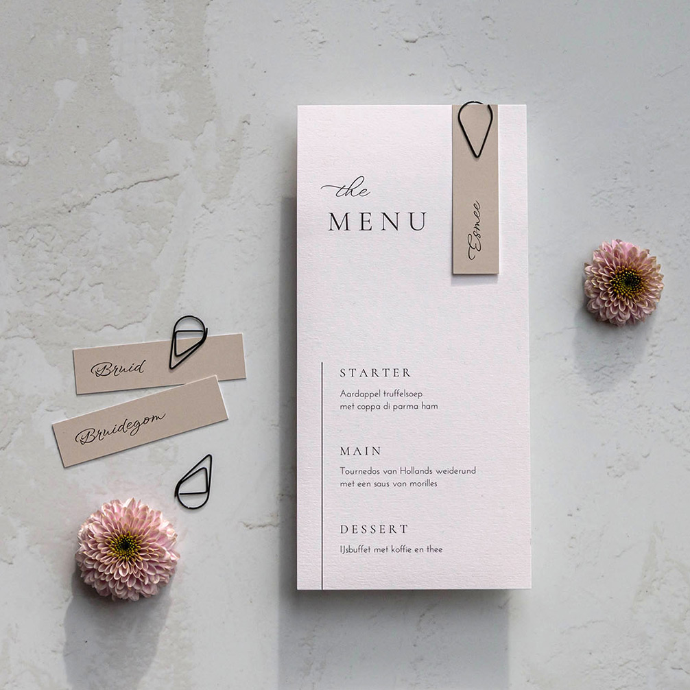 Menukaart bruiloft modern chique wit