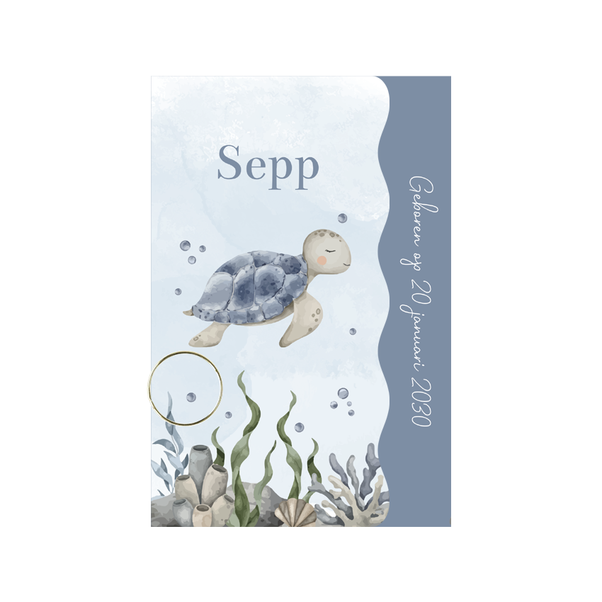 Lagen geboortekaartje met golvende rand en schildpad