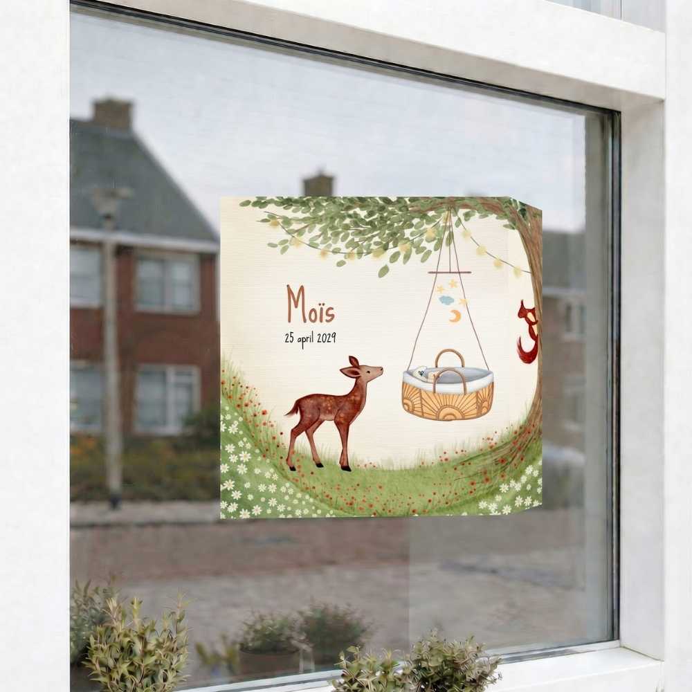 Geboortebord raam meisje hert mozesmandje