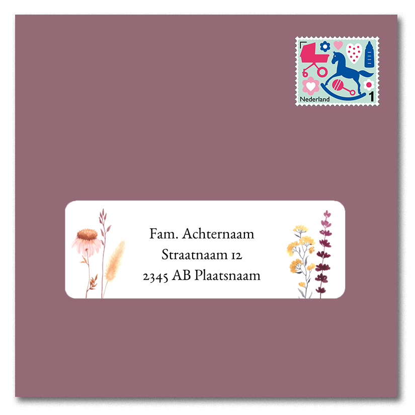 Adressticker met roze en rode droogbloemen