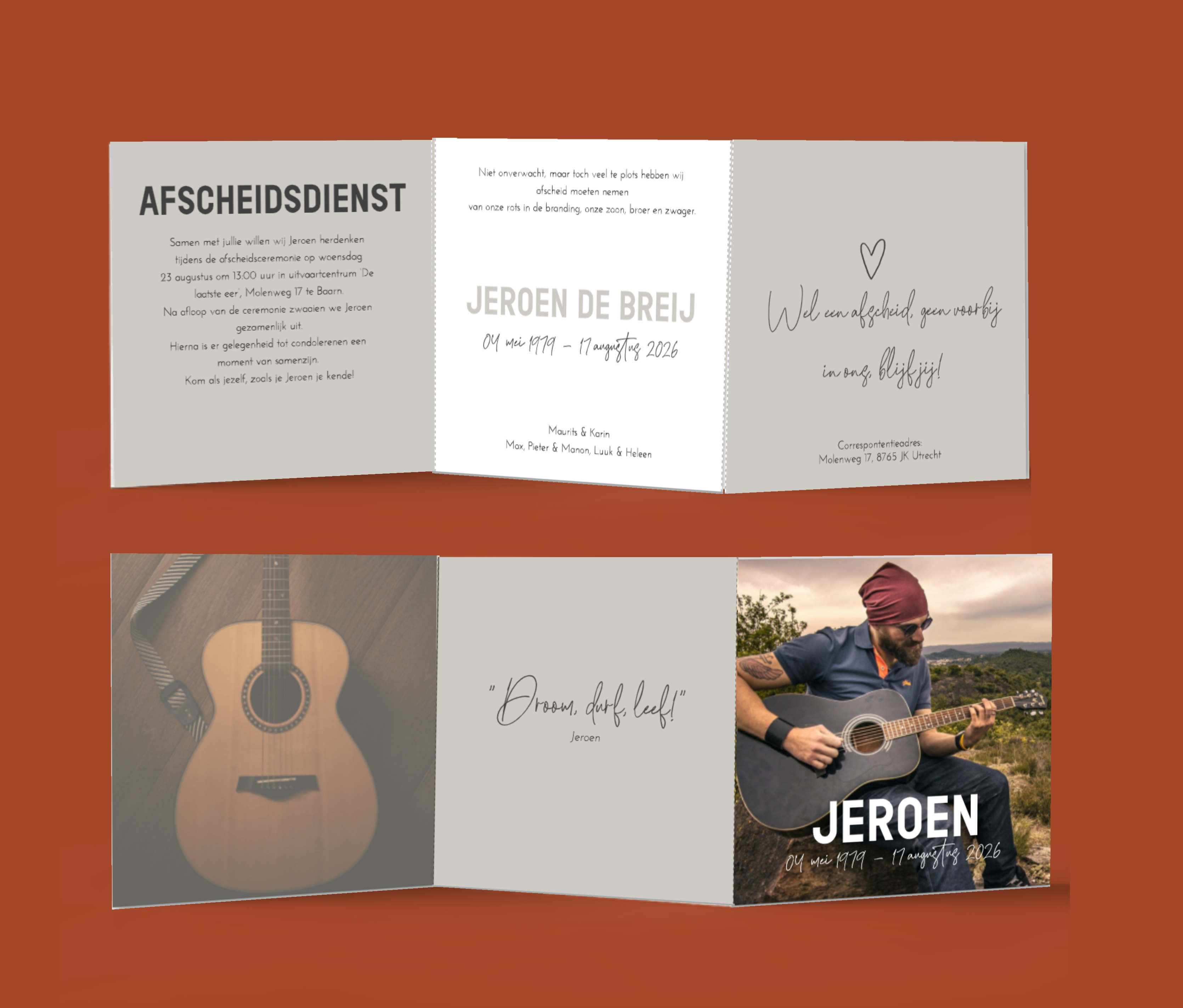 Moderne drieluik rouwkaart voor een man met eigen foto