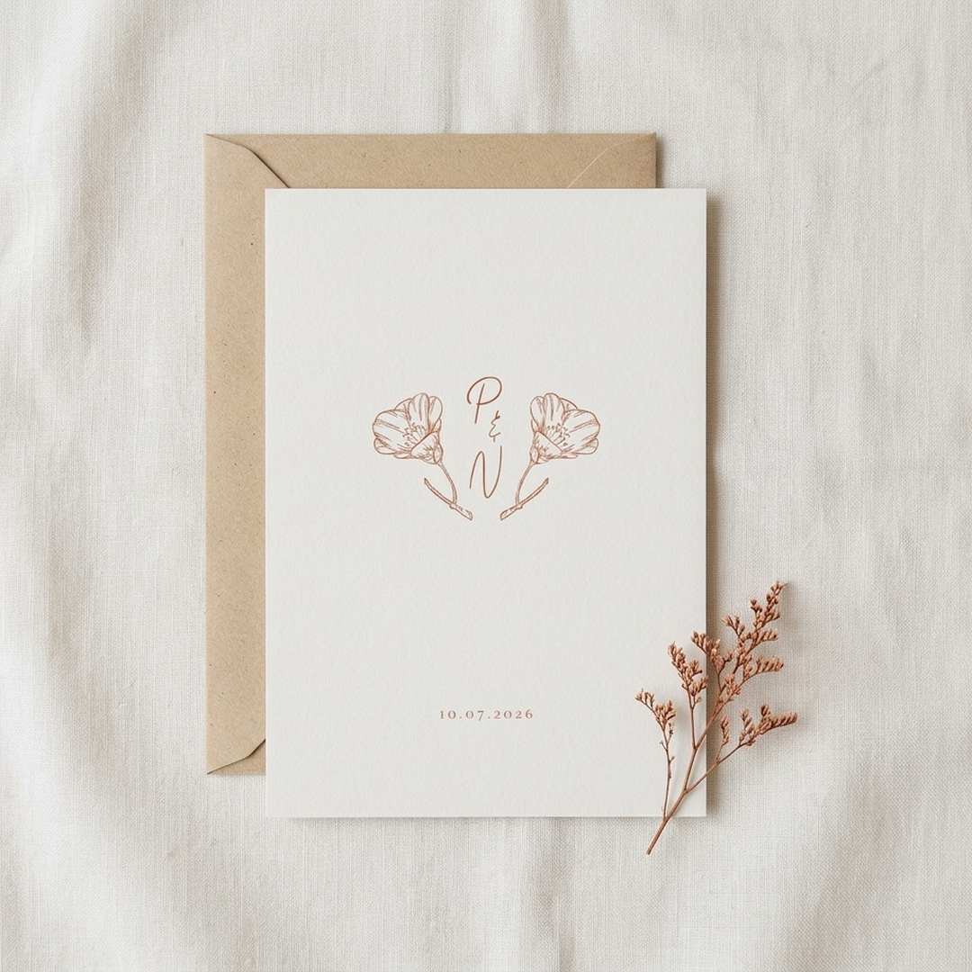 Trouwkaart lijntekening roestbruin bloemen